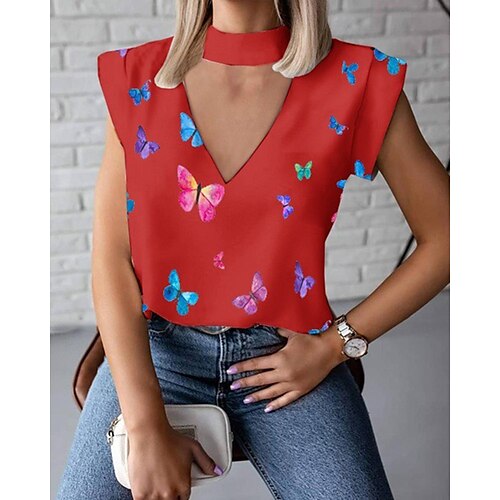 

Women's Casual Weekend Butterfly T shirt Tee Butterfly Short Sleeve Print V Neck Basic Tops Pink Red S