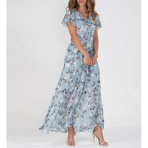 

Women's A Line Dress Maxi long Dress Light Blue Short Sleeve Floral Ruched Print Spring Summer V Neck Casual Sexy 2022 S M L XL XXL 3XL