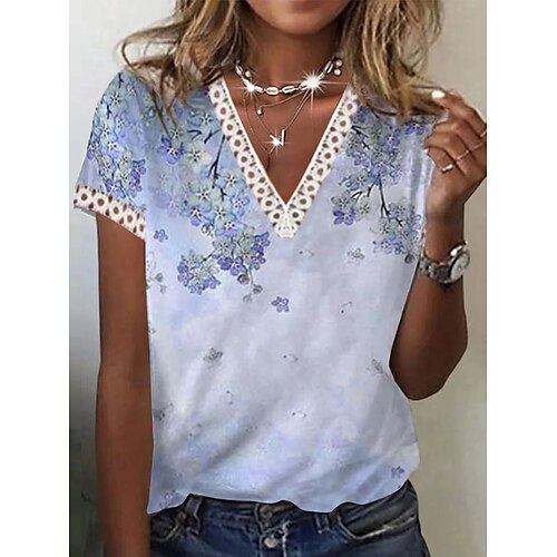 

Women's Casual Holiday Weekend Floral Painting T shirt Tee Floral Short Sleeve Lace Trims Print V Neck Basic Tops Blue S / 3D Print