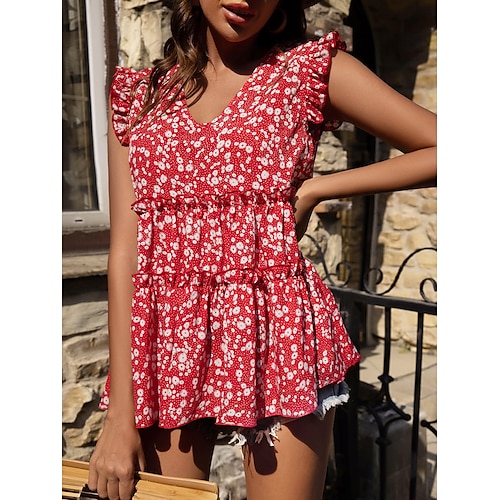 

Women's Daily Holiday Weekend Floral Tank Top Camis Floral Sleeveless Ruffle Flowing tunic Print V Neck Casual Streetwear Tops Red S / 3D Print