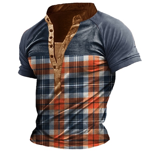 

Men's Henley Shirt T shirt Tee 3D Print Graphic Lattice Tartan Stand Collar Street Casual Button-Down Print Short Sleeve Tops Basic Fashion Classic Comfortable Blue
