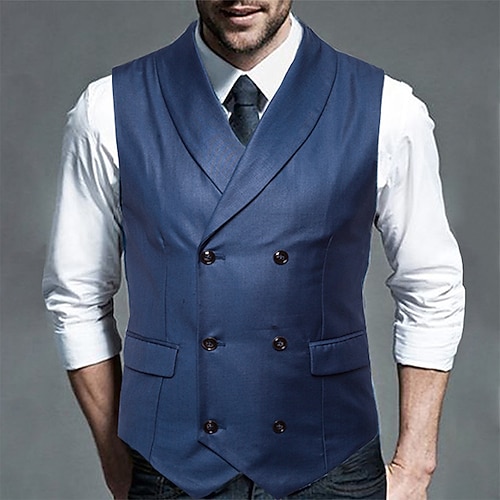 

Men's Suit Vest Party Evening Business Casual Double Breasted Shirt Collar Vintage Casual British Jacket Outerwear Solid Colored Black Blue / Sleeveless / Slim