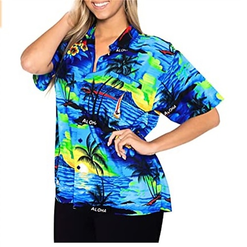 

Women's Casual Holiday Weekend Floral Bohemian Theme Blouse Shirt Striped Tree Short Sleeve Button Print Shirt Collar Casual Hawaiian Beach Tops Green Black Blue S / 3D Print