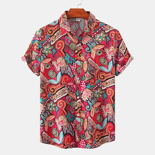 

Men's Dress Shirt Casual Shirt Shirt Print Geometry Letter Plus Size Turndown Street Casual Print Short Sleeve Tops Fashion Retro Nostalgic Cool Fuchsia