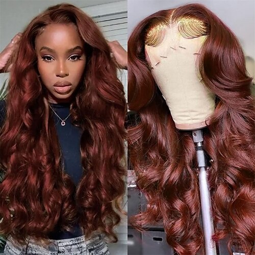 

brun 13x4 blonde front body wave paryk menneskehår til kvinder brasiliansk bølget menneskehår parykker færdigplukket med babyhår kastanjebrun kobberrød 33# farve 150% tæthed