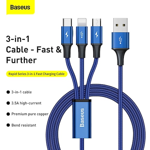 

BASEUS Multi Charging Cable 3.9ft USB A to Type C / Micro / IP 3.5 A Charging Cable Fast Charging High Data Transfer Durable 3 in 1 For Macbook iPad Samsung Phone Accessory