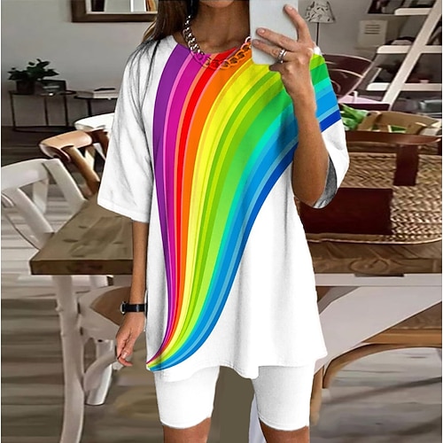 

Women's Loungewear Sets Nighty 2 Pieces Rainbow Comfort Sweet Home Daily Polyester Crew Neck Half Sleeve Spring Summer White