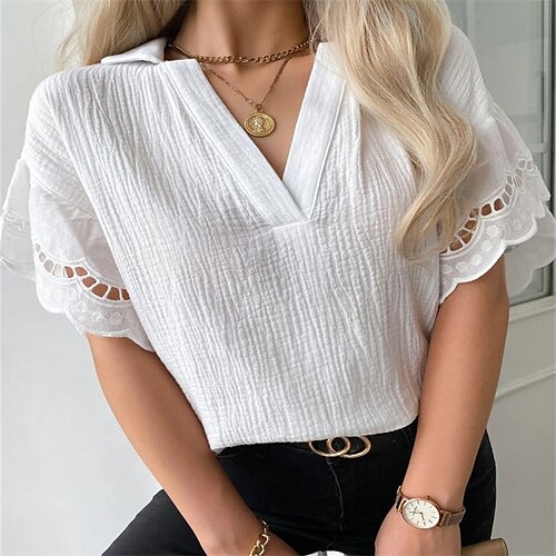 

Women's Shirt Blouse Black White Yellow Plain Lace Trims Short Sleeve Daily Weekend Streetwear Casual Shirt Collar Regular S