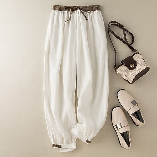 

Women's Chinos Pants Trousers Faux Linen Green Beige White Mid Waist Fashion Casual Weekend Micro-elastic Full Length Comfort Plain M L XL XXL