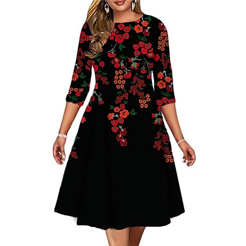 

Women's Plus Size Holiday Dress Floral Crew Neck Print 3/4 Length Sleeve Fall Spring Work Midi Dress Daily Vacation Dress