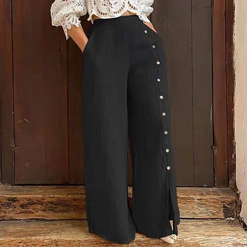 

Women's Culottes Wide Leg Chinos Pants Trousers Navy Blue Apricot Black Mid Waist Fashion Casual Weekend Side Pockets Split Micro-elastic Full Length Comfort Plain S M L XL XXL / Loose Fit