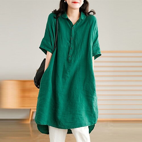 

Women's Shirt Dress Shift Dress Midi Dress Green Purple Yellow Half Sleeve Pure Color Button Fall Spring Autumn Shirt Collar Weekend Loose Fit 2023 M L XL XXL