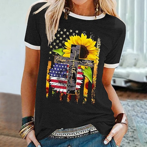 

Mulheres Camiseta Preto Amarelo Azul Spot de Luz Multi-Colorida EUA Imprimir Manga Curta Casual Final de semana Básico Decote Redondo Padrão Algodão Tema Flores Pintura S