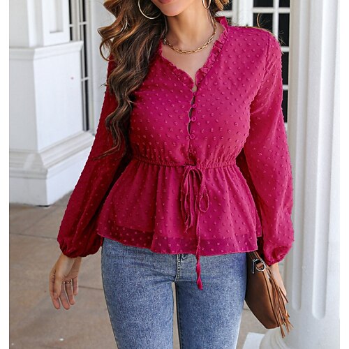 

Women's Casual Daily Work Blouse Plain Polka Dot Long Sleeve Patchwork Lettuce Trim V Neck Casual Streetwear Beach Tops Lantern Sleeve White Pink Red S