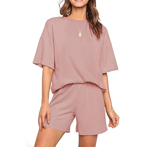 

Women's Basic Streetwear Plain Home Casual Two Piece Set Tracksuit T shirt Tee Loungewear Biker Shorts Tops