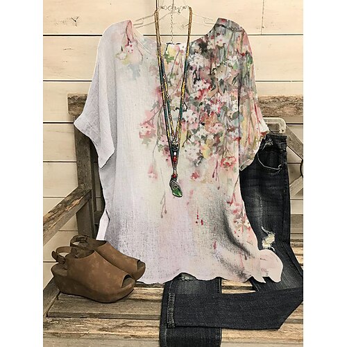 

Women's Casual Holiday Weekend Floral Blouse Henley Shirt Shirt Floral Animal Short Sleeve Print Round Neck Casual Streetwear Tops Green White Pink S / 3D Print