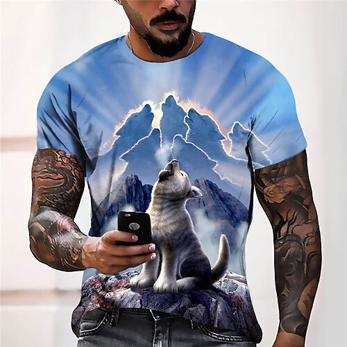 

Men's Unisex T shirt Tee 3D Print Graphic Prints Wolf Crew Neck Street Daily Print Short Sleeve Tops Casual Designer Big and Tall Sports Blue