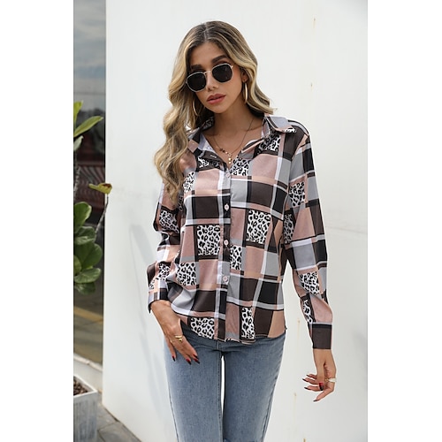 

Women's Daily Weekend Blouse Shirt Plaid Leopard Long Sleeve Button Print Shirt Collar Casual Streetwear Tops Green Purple Khaki S / 3D Print