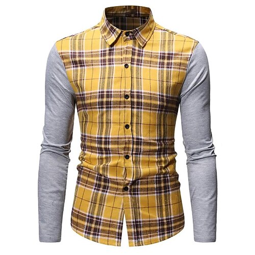 

Men's Shirt Hot Stamping Graphic Lattice Turndown Street Casual Button-Down Print Long Sleeve Tops Casual Fashion Breathable Comfortable Yellow