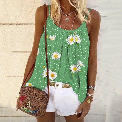 

Women's Camisole Tank Top Camis Green Blue Pink Polka Dot Daisy Print Sleeveless Daily Holiday Streetwear Casual U Neck Regular Floral S / 3D Print