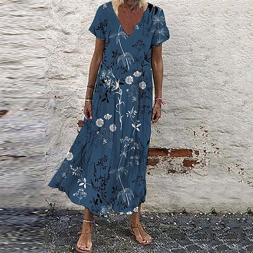 

Mulheres Vestido casual Vestido de turno Azul Manga Curta Floral Imprimir Primavera Verão Decote V 2022 S M L XL XXL 3XL