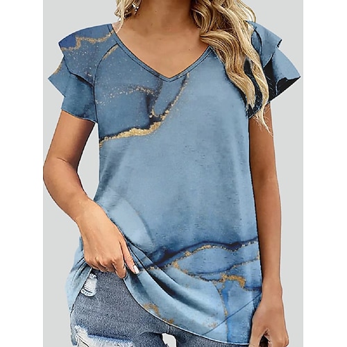 

Women's Casual Daily Going out Bohemian Theme Geometric Painting T shirt Tee Striped Graphic Geometric Short Sleeve Patchwork Print V Neck Ethnic Vintage Hawaiian Tops Light Blue S / 3D Print
