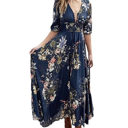 

Women's Swing Dress Maxi long Dress Blue Half Sleeve Floral Color Block Patchwork Print Spring Summer V Neck Personalized Stylish Vacation 2022 XXL