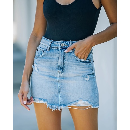 

Women's Skirt Pencil Above Knee Denim Light Blue Skirts Summer Tassel Fringe Pocket Cut Out Fashion Casual Daily Weekend S M L