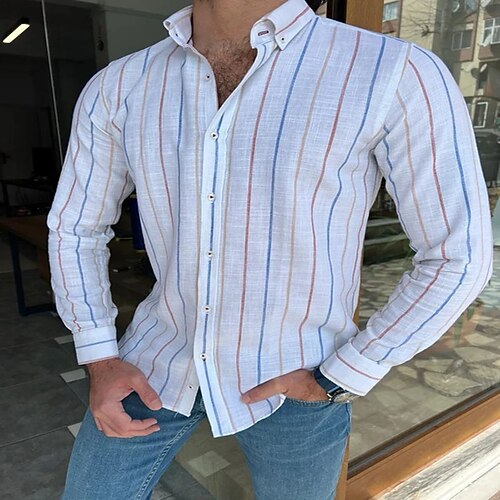 

Men's Shirt Striped Turndown Street Casual Button-Down Long Sleeve Tops Casual Fashion Breathable Comfortable White