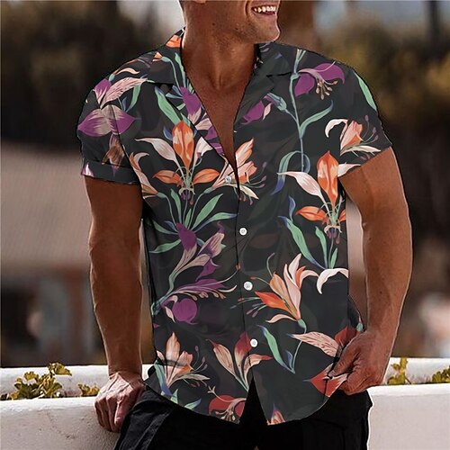 

Men's Shirt Print Floral Turndown Street Casual Button-Down Print Short Sleeve Tops Casual Fashion Designer Breathable Gray