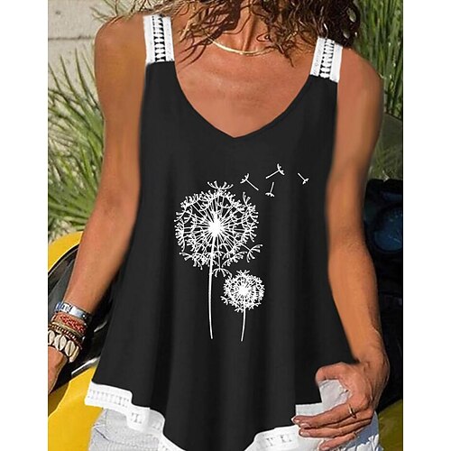 

Women's Camisole Tank Top Racerback Tank Tops Graphic Dandelion Print V Neck Casual Tops Black Blue Wine