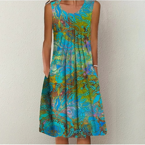 

Women's A Line Dress Knee Length Dress Blue Sleeveless Floral Print Ruched Print Spring Summer Crew Neck Casual Sexy 2022 3XL