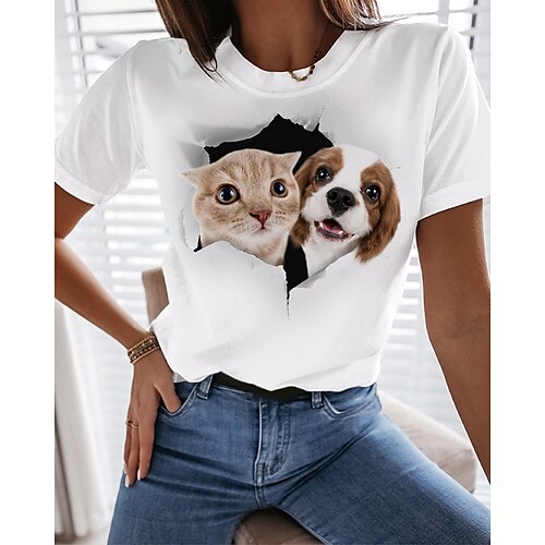 

Mulheres Camiseta Branco Gato Cachorro Imprimir Manga Curta Casual Final de semana Básico Decote Redondo Padrão Gato 3D Pintura S