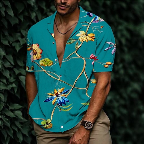

Men's Shirt Print Floral Turndown Street Casual Button-Down Print Short Sleeve Tops Casual Fashion Designer Breathable Blue