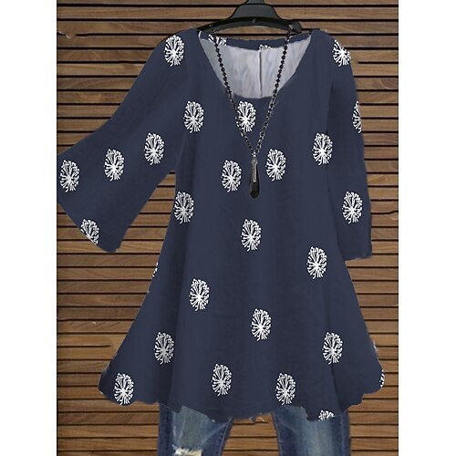 

Women's Plus Size Tops Blouse Shirt Floral Print 3/4 Length Sleeve Crewneck Streetwear Daily Holiday Cotton Spandex Jersey Spring Summer Green Blue