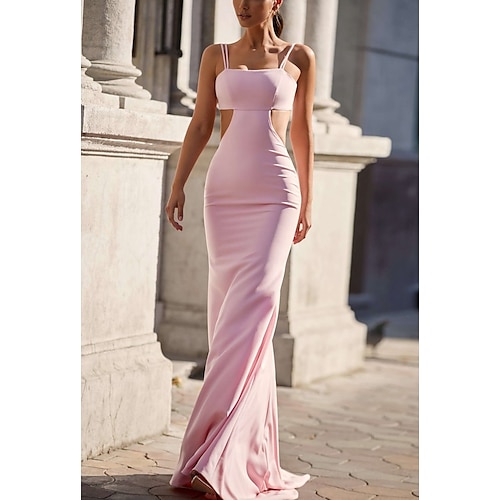 

Sheath / Column Prom Dresses Reformation Amante Dress Party Wear Court Train Sleeveless Spaghetti Strap Stretch Fabric with Pleats Pure Color 2022