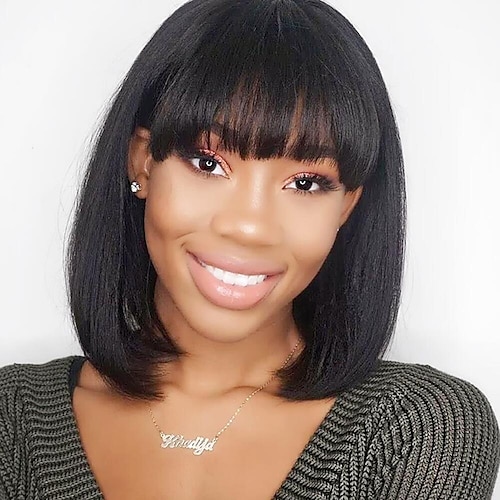 

Straight Bob Human Hair Wigs With Bangs Short Brazilian Human Hair Bob Wigs For Woman No Lace Full Machine Made Human Hair Wigs