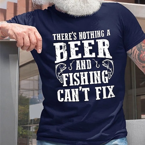 

Men's T shirt Hot Stamping Graphic Beer Letter Crew Neck Street Casual Print Short Sleeve Tops Basic Fashion Classic Comfortable Black Dark Gray Navy Blue