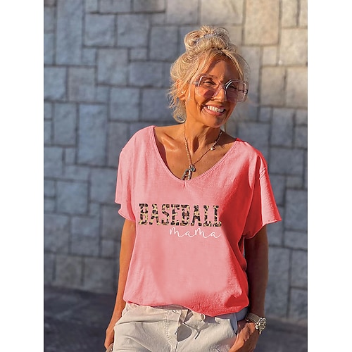 

Women's Casual Weekend Painting T shirt Tee Camo Text Baseball Short Sleeve Print V Neck Basic Tops Green White Black S