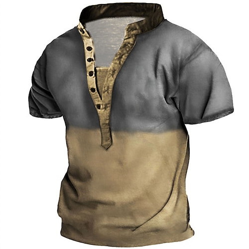 

Men's T shirt Tee Henley Shirt Tee Graphic Color Block Stand Collar Khaki 3D Print Plus Size Outdoor Daily Short Sleeve Button-Down Print Clothing Apparel Basic Designer Casual Big and Tall / Summer