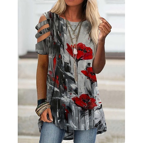 

Women's Daily Floral T shirt Tee Short Sleeve Cold Shoulder Print Round Neck Basic Tops Red S / 3D Print