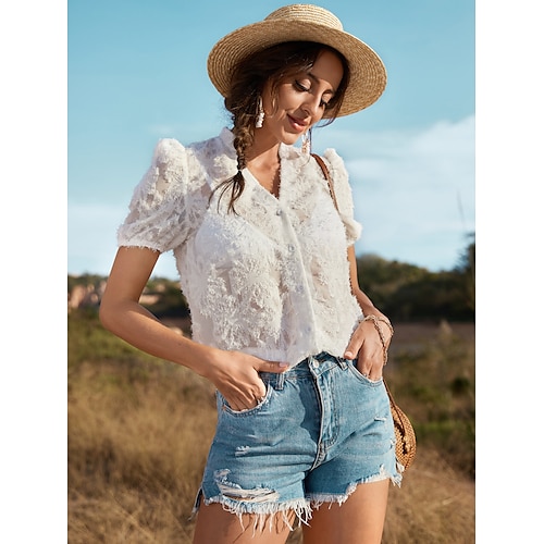 

Women's Daily Weekend Blouse Shirt Plain Short Sleeve Lace Button V Neck Casual Streetwear Tops White S