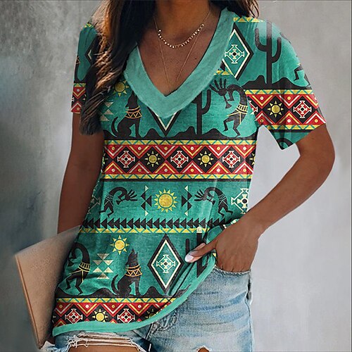 

Women's Casual Weekend Geometric Painting T shirt Tee Geometric Short Sleeve Print V Neck Basic Tops Green Gray Red S / 3D Print