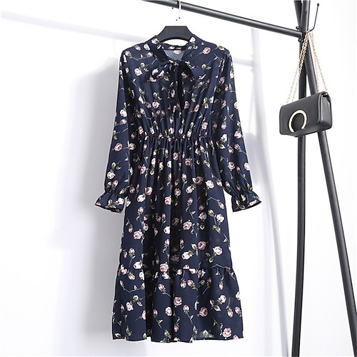 

Femme Robe Évasée manche longue Hiver Automne A Volants Imprimer Floral Col Ras du Cou Fin de semaine 2022 Noir Rose Claire Jaune Vin Bleu de minuit Blanche S M L XL XXL 3XL