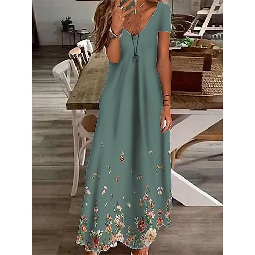 

Damen Casual kleid Etuikleid kleid lang Grün Grau Kurzarm Blumen Tasche Frühling Sommer V Ausschnitt Urlaub 2023 S M L XL XXL 3XL