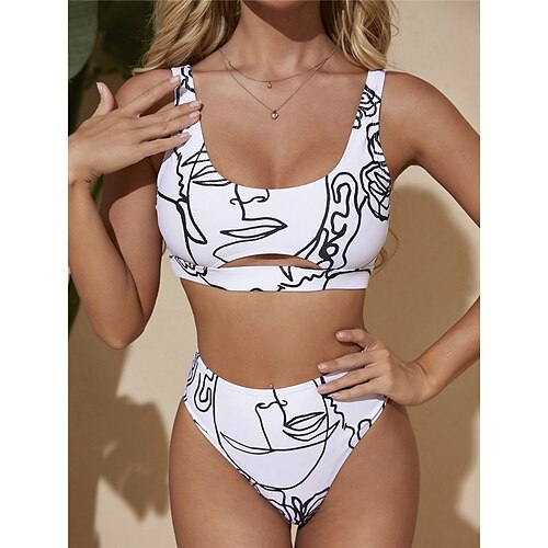 

Women's Swimwear Bikini 2 Piece Normal Swimsuit Open Back Printing High Waisted Abstract Graffiti White Tank Top Scoop Neck Bathing Suits Sexy Vacation Fashion / Modern / New / Padded Bras