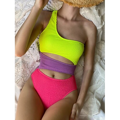 

Mulheres Roupa de Banho Uma pedaço Monoquíni Fatos de banho Normal roupa de banho Frente Única Buraco Bloco de cor Roxo Amarelo Fatos de banho novo Um Ombro Férias / Sensual / Moderno / Com Bojo