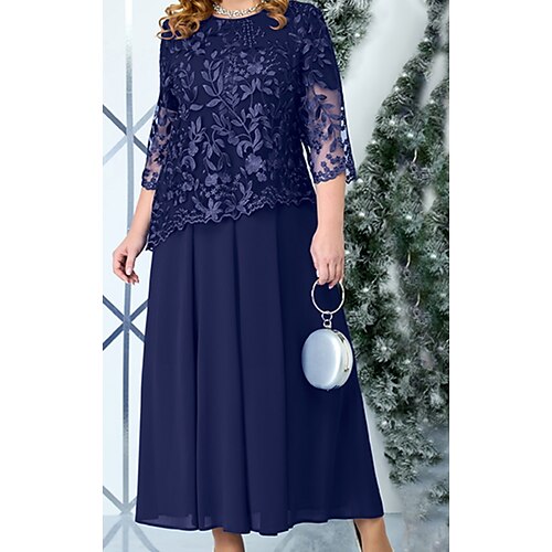 

Women's Plus Size Party Dress Print Crew Neck Mesh Half Sleeve Fall Spring Elegant Midi Dress Formal Party Dress