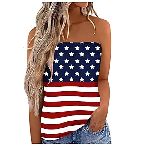 

Women's Bandeau Green Blue Dark Gray American Flag Stars and Stripes Backless Print Sleeveless Party Weekend Streetwear Casual Strapless Regular Independence Day S / 3D Print