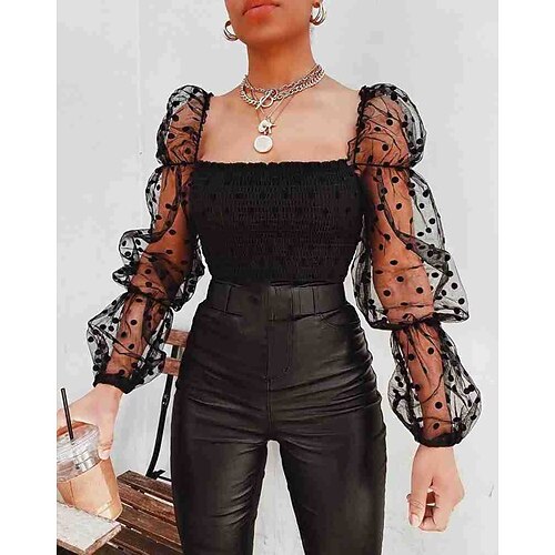 

australian cross-border mesh puff sleeves off-the-shoulder short perspective one-shoulder top aliexpress hot sale su1993